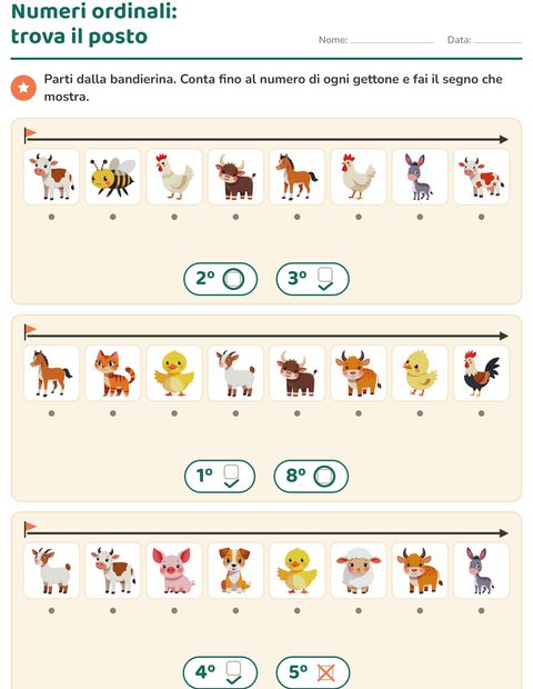 Anteprima della scheda di Numeri ordinali con Animali della fattoria per Scuola dell'infanzia (5-7 anni)
