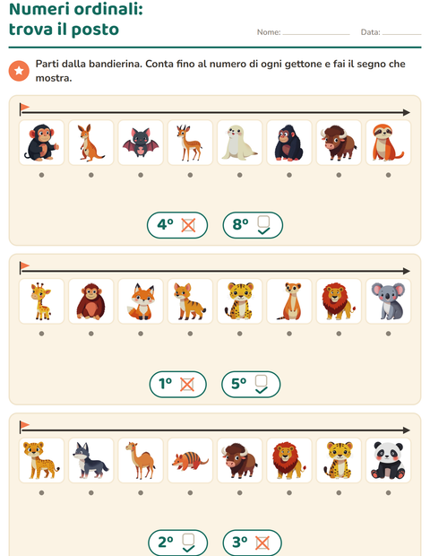Anteprima della scheda di Numeri ordinali con Animali dello zoo per Scuola dell'infanzia (5-7 anni)
