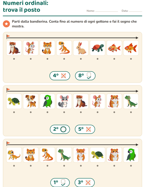 Anteprima della scheda di Numeri ordinali con Animali domestici per Scuola dell'infanzia (5-7 anni)