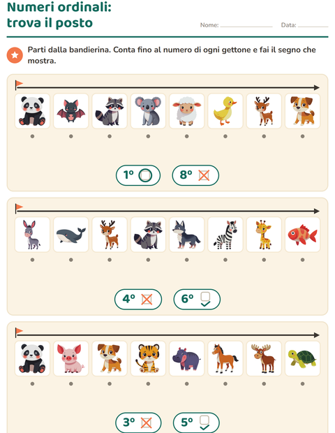 Anteprima della scheda di Numeri ordinali con Animali per Scuola dell'infanzia (5-7 anni)