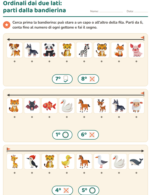 Anteprima della scheda di Numeri ordinali con Animali per Scuola dell'infanzia (5-7 anni)