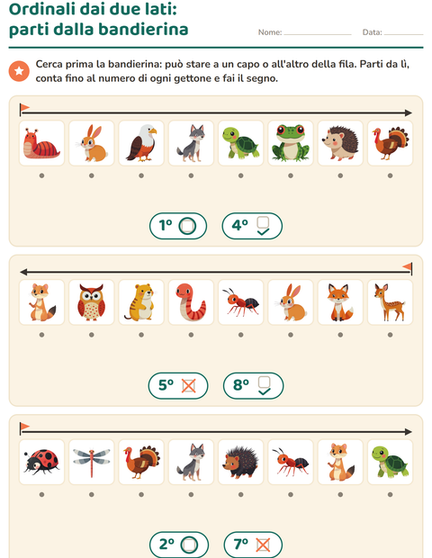 Anteprima della scheda di Numeri ordinali con Creature della foresta per Scuola dell'infanzia (5-7 anni)