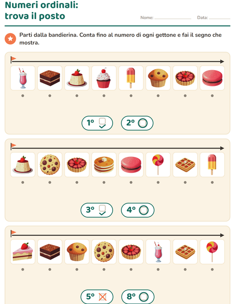 Anteprima della scheda di Numeri ordinali con Dolci e dolciumi per Scuola dell'infanzia (5-7 anni)