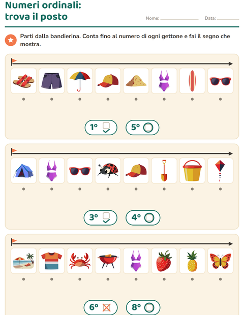 Anteprima della scheda di Numeri ordinali con Estate per Scuola dell'infanzia (5-7 anni)