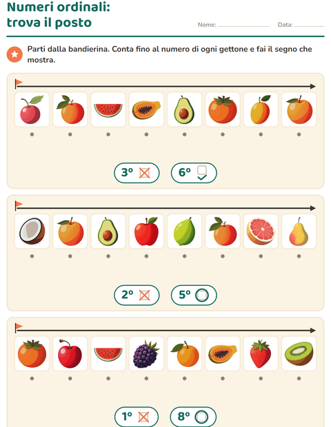 Anteprima della scheda di Numeri ordinali con Frutta per Scuola dell'infanzia (5-7 anni)