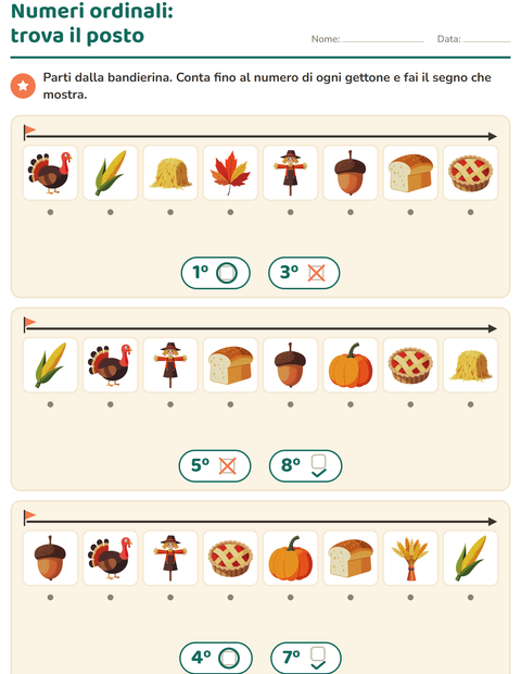 Anteprima della scheda di Numeri ordinali con Giorno del Ringraziamento per Scuola dell'infanzia (5-7 anni)