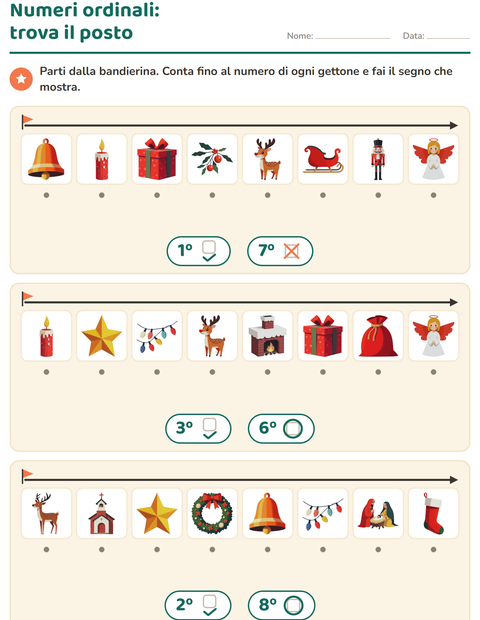 Anteprima della scheda di Numeri ordinali con Natale per Scuola dell'infanzia (5-7 anni)