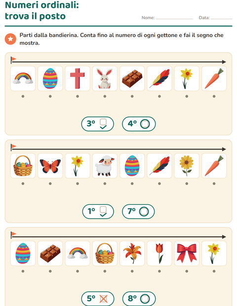 Anteprima della scheda di Numeri ordinali con Pasqua per Scuola dell'infanzia (5-7 anni)