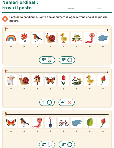 Anteprima della scheda di Numeri ordinali con Primavera per Scuola dell'infanzia (5-7 anni)