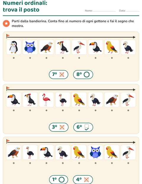 Anteprima della scheda di Numeri ordinali con Uccelli per Scuola dell'infanzia (5-7 anni)