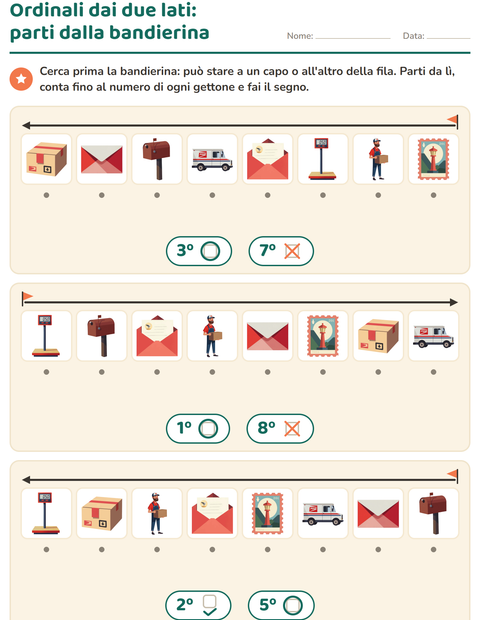 Anteprima della scheda di Numeri ordinali con Ufficio postale per Scuola dell'infanzia (5-7 anni)