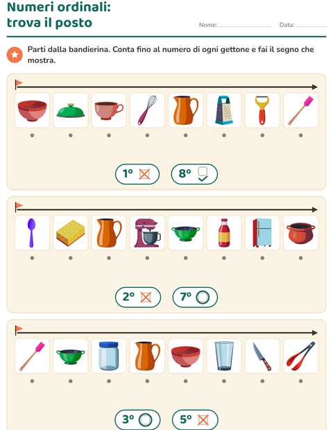 Anteprima della scheda di Numeri ordinali con Utensili da cucina per Scuola dell'infanzia (5-7 anni)
