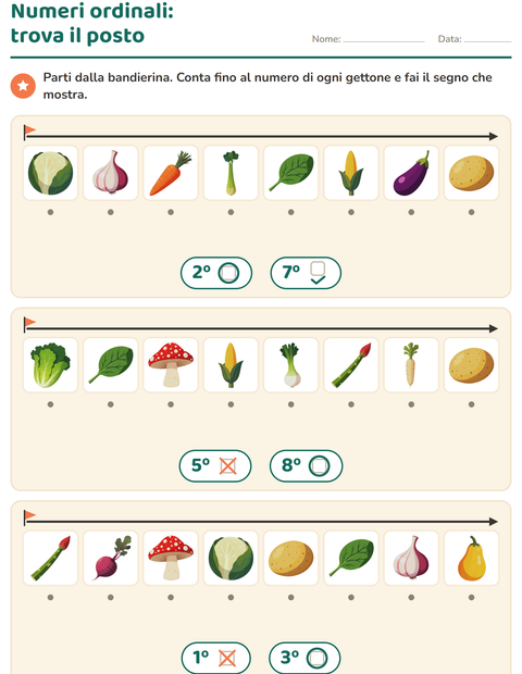 Anteprima della scheda di Numeri ordinali con Verdure per Scuola dell'infanzia (5-7 anni)