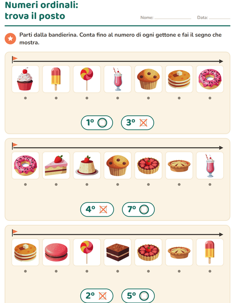 Anteprima della scheda di Numeri ordinali con Dolci e dolciumi per Scuola dell'infanzia (5-7 anni)