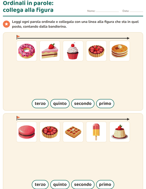 Anteprima della scheda di Numeri ordinali con Dolci e dolciumi per Scuola primaria classe prima