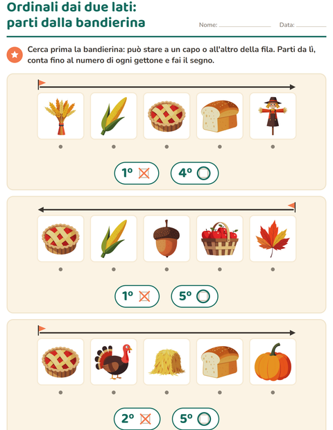 Anteprima della scheda di Numeri ordinali con Giorno del Ringraziamento per Scuola dell'infanzia (5-7 anni)