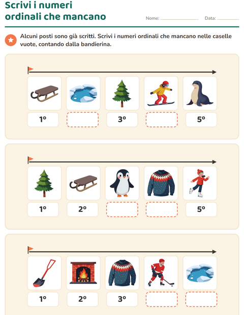 Anteprima della scheda di Numeri ordinali con Inverno per Scuola primaria classe prima