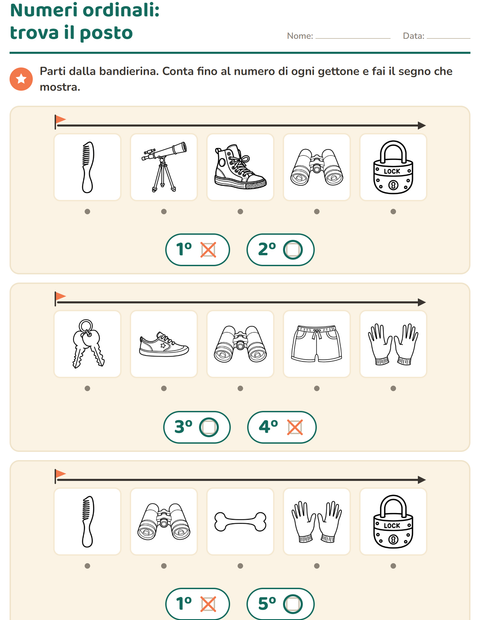 Anteprima della scheda di Numeri ordinali con Oggetti BN per Scuola dell'infanzia (5-7 anni)