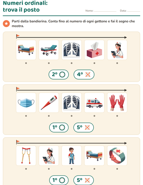 Anteprima della scheda di Numeri ordinali con Ospedale per Scuola dell'infanzia (5-7 anni)