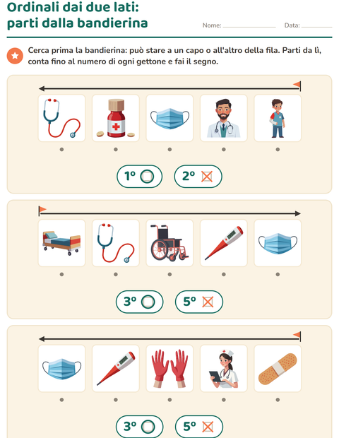 Anteprima della scheda di Numeri ordinali con Ospedale per Scuola dell'infanzia (5-7 anni)