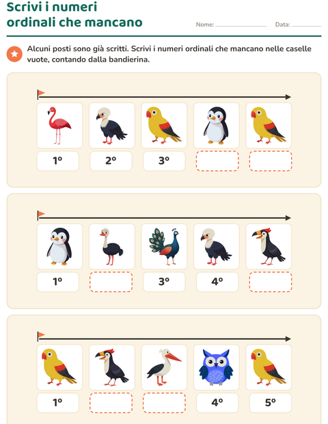 Anteprima della scheda di Numeri ordinali con Uccelli per Scuola primaria classe prima
