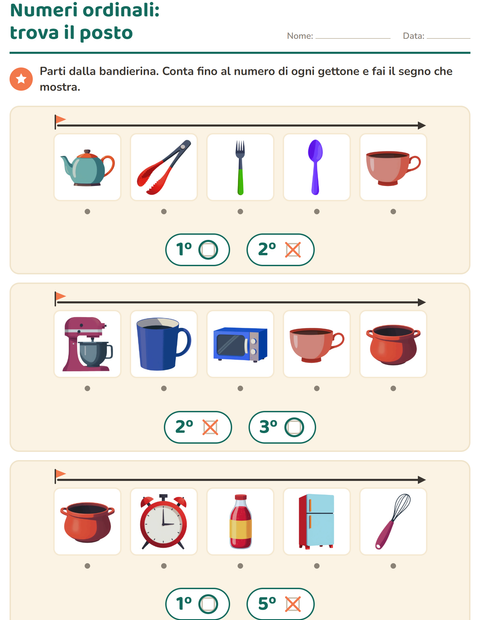 Anteprima della scheda di Numeri ordinali con Utensili da cucina per Scuola dell'infanzia (5-7 anni)