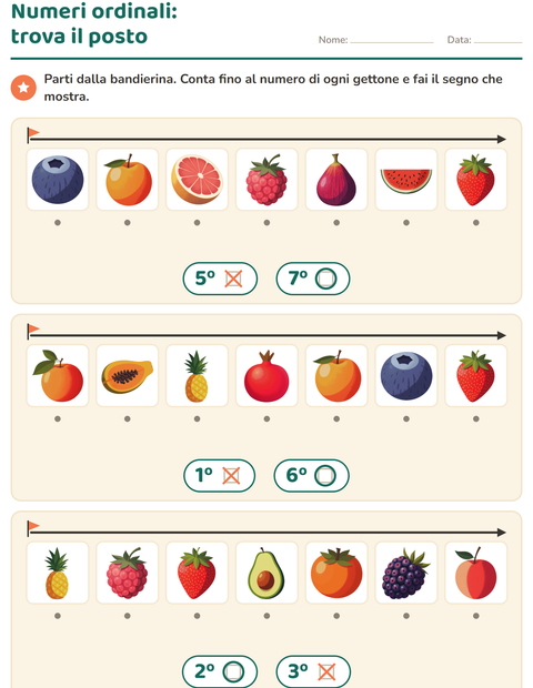 Anteprima della scheda di Numeri ordinali con Frutta per Scuola dell'infanzia (5-7 anni)