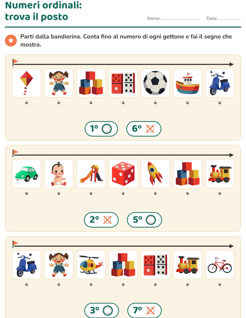 Anteprima della scheda di Numeri ordinali con Giocattoli per Scuola dell'infanzia (5-7 anni)