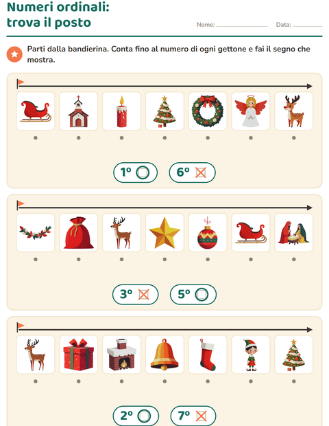 Anteprima della scheda di Numeri ordinali con Natale per Scuola dell'infanzia (5-7 anni)