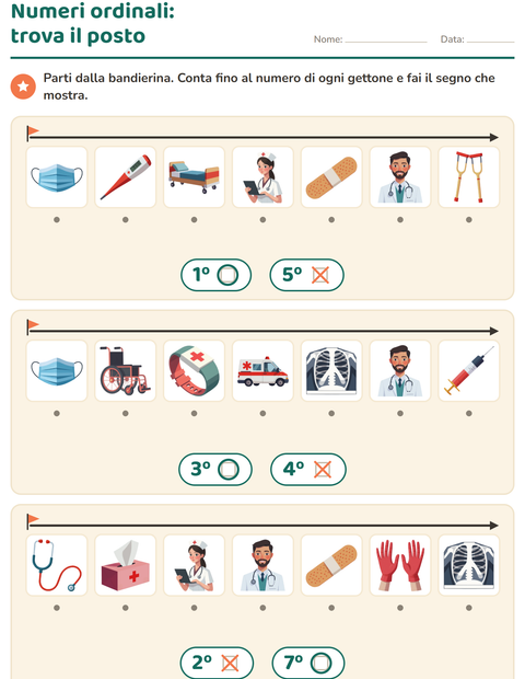 Anteprima della scheda di Numeri ordinali con Ospedale per Scuola dell'infanzia (5-7 anni)