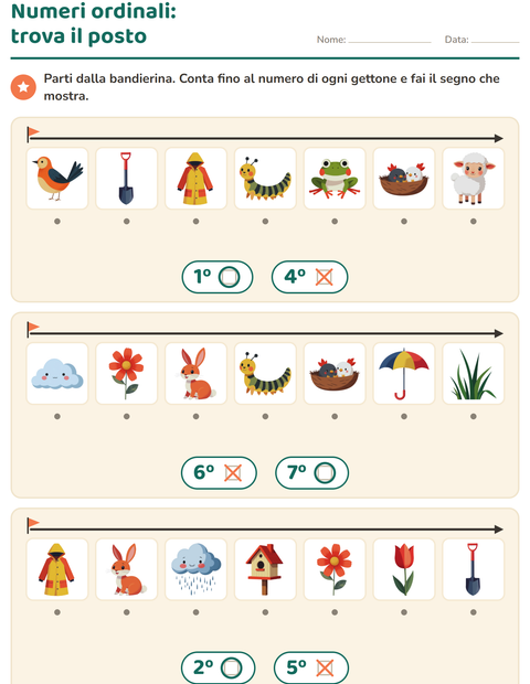 Anteprima della scheda di Numeri ordinali con Primavera per Scuola dell'infanzia (5-7 anni)