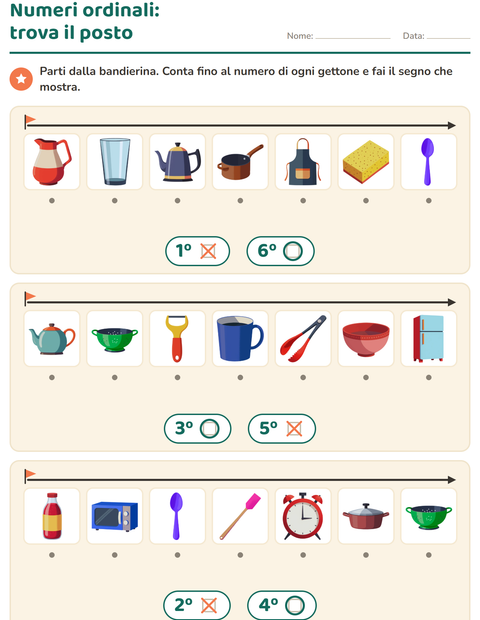Anteprima della scheda di Numeri ordinali con Utensili da cucina per Scuola dell'infanzia (5-7 anni)