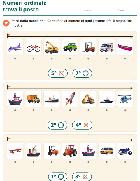 Anteprima della scheda di Numeri ordinali con Veicoli per Scuola dell'infanzia (5-7 anni)