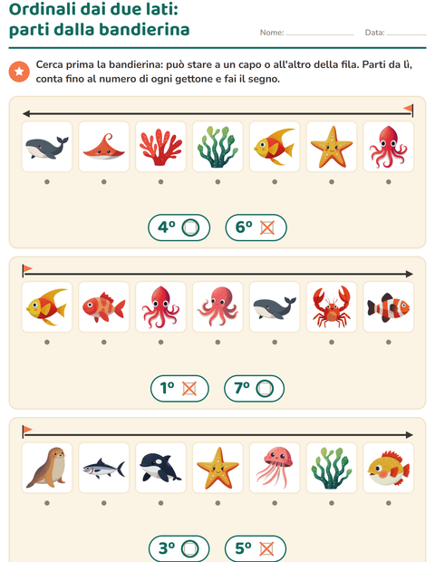 Anteprima della scheda di Numeri ordinali con Vita oceanica per Scuola dell'infanzia (5-7 anni)
