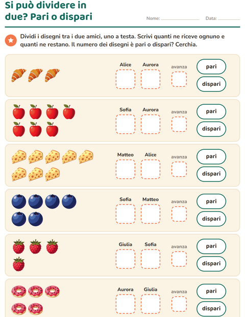 Anteprima della scheda di Numeri pari e dispari con Colazione per Scuola primaria classe prima