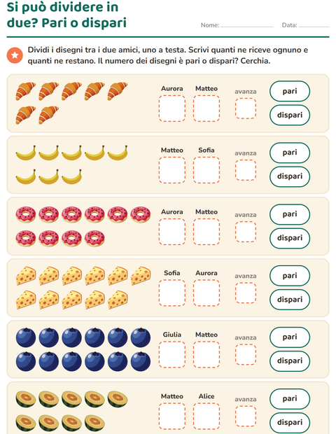 Anteprima della scheda di Numeri pari e dispari con Colazione per Scuola primaria classe prima