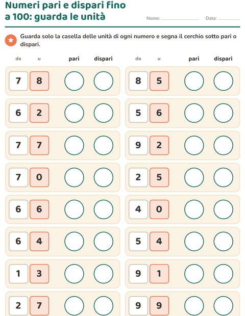 Anteprima della scheda di Numeri pari e dispari per Scuola primaria classe seconda