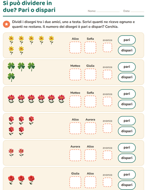 Anteprima della scheda di Numeri pari e dispari con Fiori per Scuola primaria classe prima