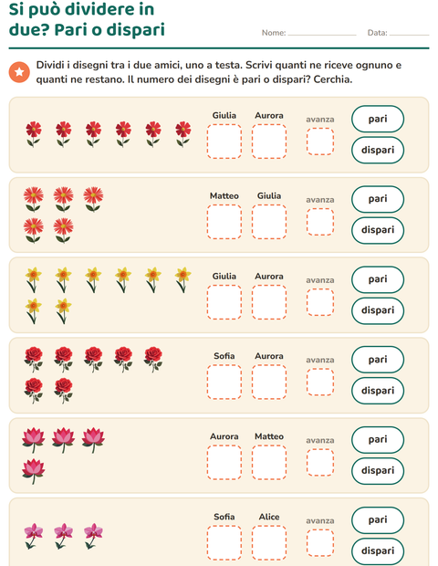 Anteprima della scheda di Numeri pari e dispari con Fiori per Scuola primaria classe prima
