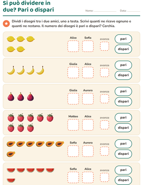 Anteprima della scheda di Numeri pari e dispari con Frutta per Scuola primaria classe prima