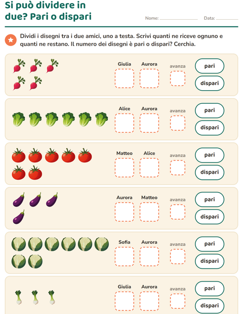 Anteprima della scheda di Numeri pari e dispari con Verdure per Scuola primaria classe prima