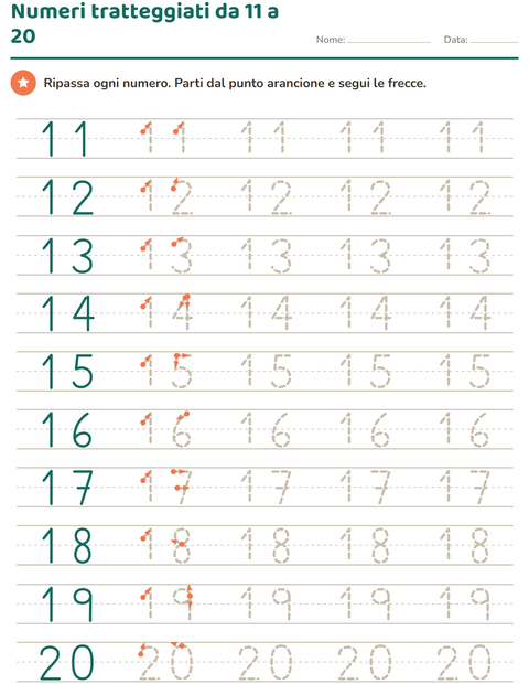 Numeri tratteggiati da 11 a 20 da ricalcare