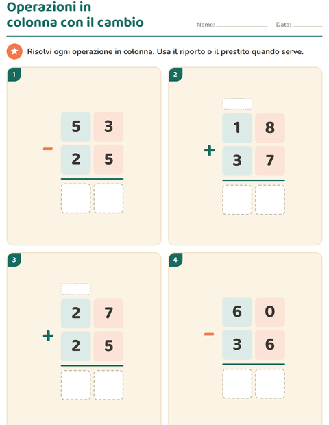 Anteprima della scheda di Operazioni in colonna per Scuola primaria classe terza