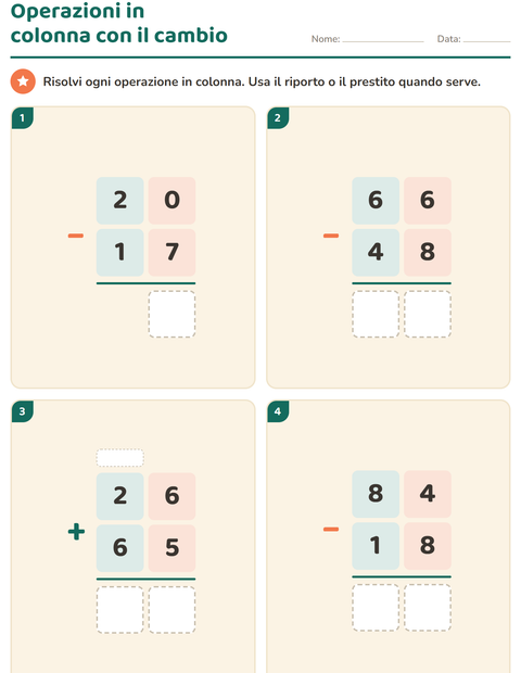 Anteprima della scheda di Operazioni in colonna per Scuola primaria classe terza