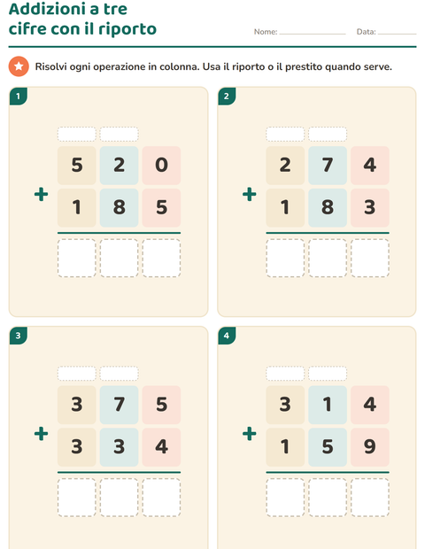Anteprima della scheda di Operazioni in colonna per Scuola primaria classe terza