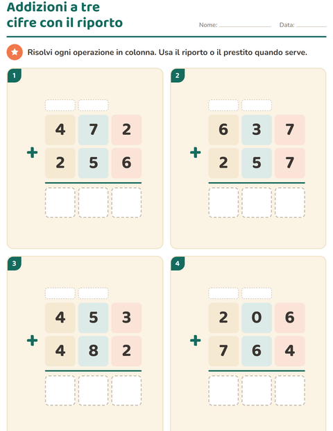 Anteprima della scheda di Operazioni in colonna per Scuola primaria classe terza