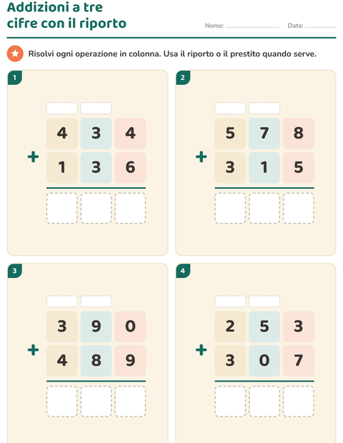 Anteprima della scheda di Operazioni in colonna per Scuola primaria classe terza