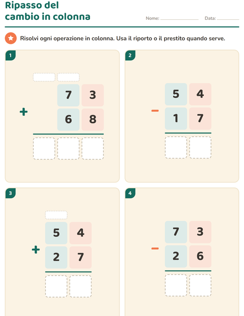 Anteprima della scheda di Operazioni in colonna per Scuola primaria classe terza