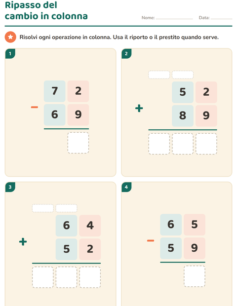 Anteprima della scheda di Operazioni in colonna per Scuola primaria classe terza