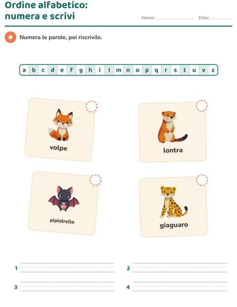 Anteprima della scheda di Ordine alfabetico con Animali dello zoo per Scuola primaria classe prima